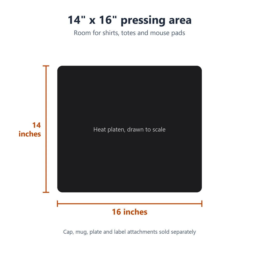 Scale drawing of the 14 x 16 inch platen on the Geo Knight DC16AP Automatic Heat Press Machine for shirts and totes