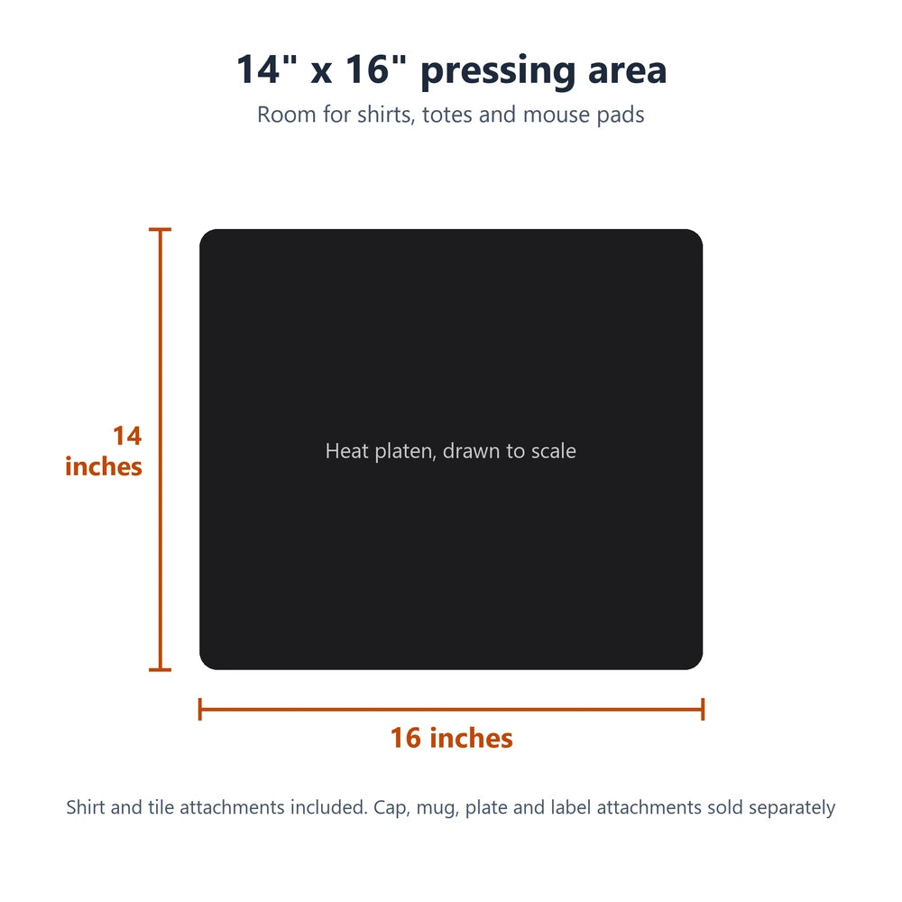 Scale drawing of the 14 x 16 inch pressing area for shirts, totes and mouse pads on the Geo Knight DC16 Heat Press