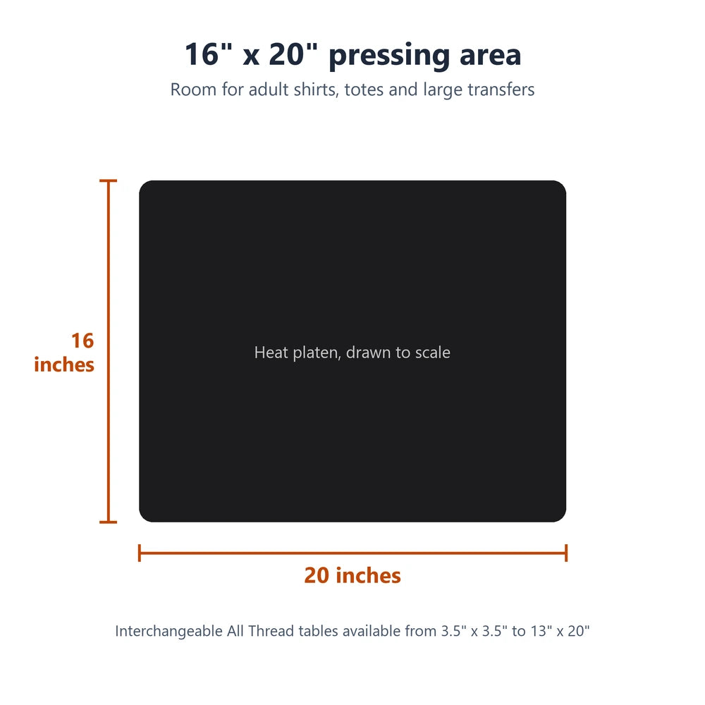 Scale drawing of the 16 by 20 inch platen on the Geo Knight DK20S Swing Away Heat Press, sized for adult shirts