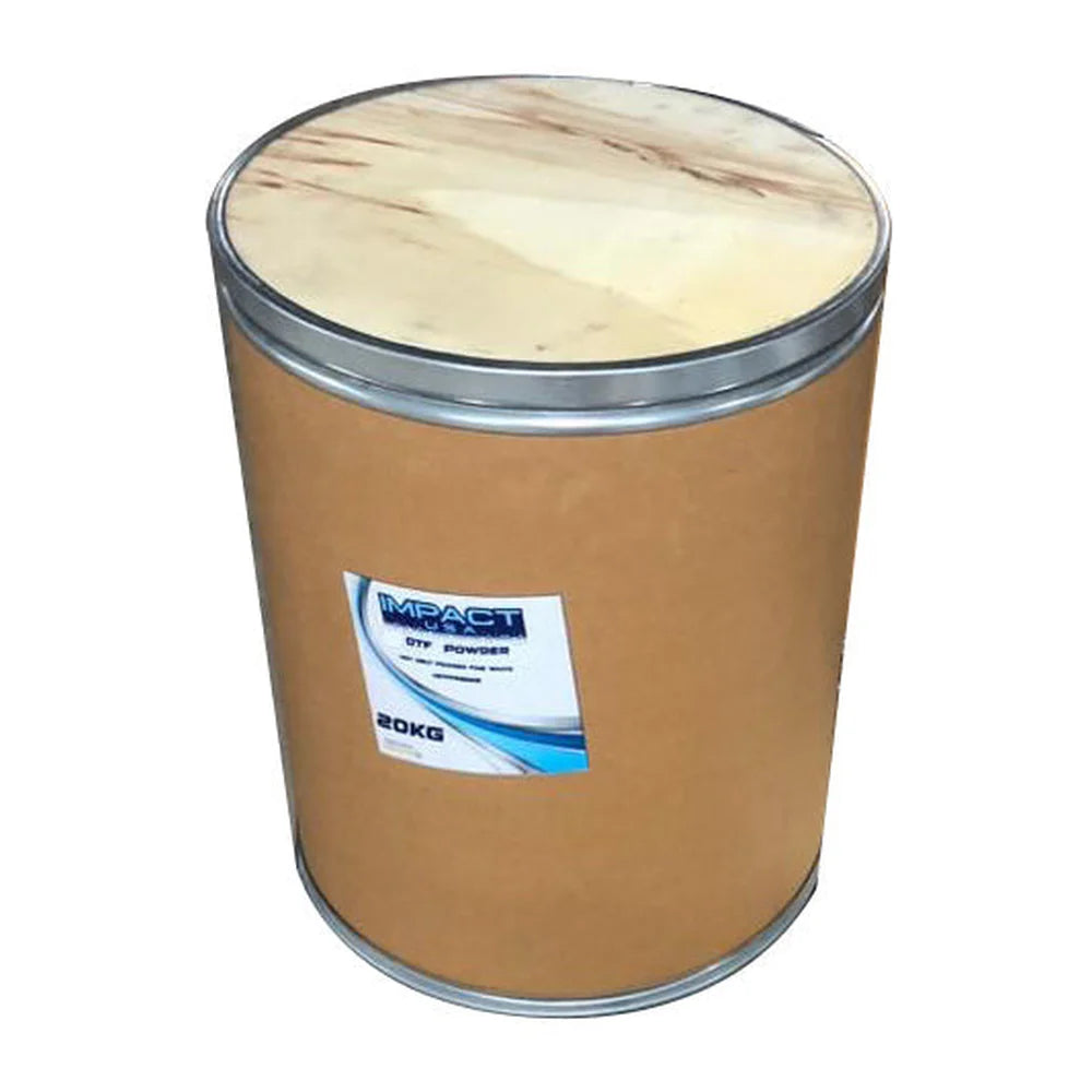 Brown 20 kg barrel packaging for the Inkjet Parts Impact Fine TPU Digital Transfer Powder 1kg range