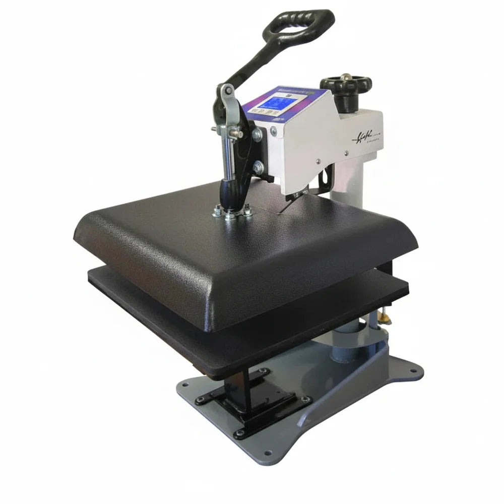 Closed 14 x 16 platen on the Geo Knight DC16 Combo Heat Press Machine seen at a slight angle on white