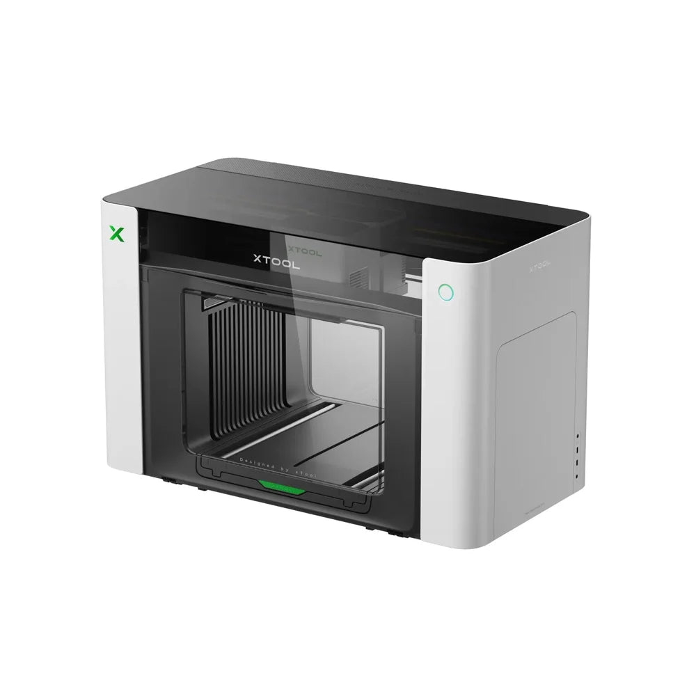 Three-quarter studio view of the xTool O1 Omni Printer 4-in-1 showing its front and right side
