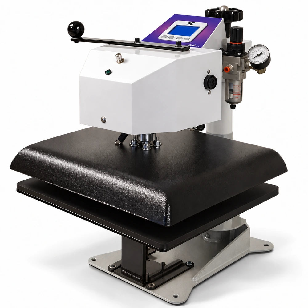 Angled studio shot of a white and black Geo Knight DC16AP Pneumatic Heat Press Machine with purple control panel