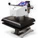 Angled studio shot of a white and black Geo Knight DC16AP Pneumatic Heat Press Machine with purple control panel