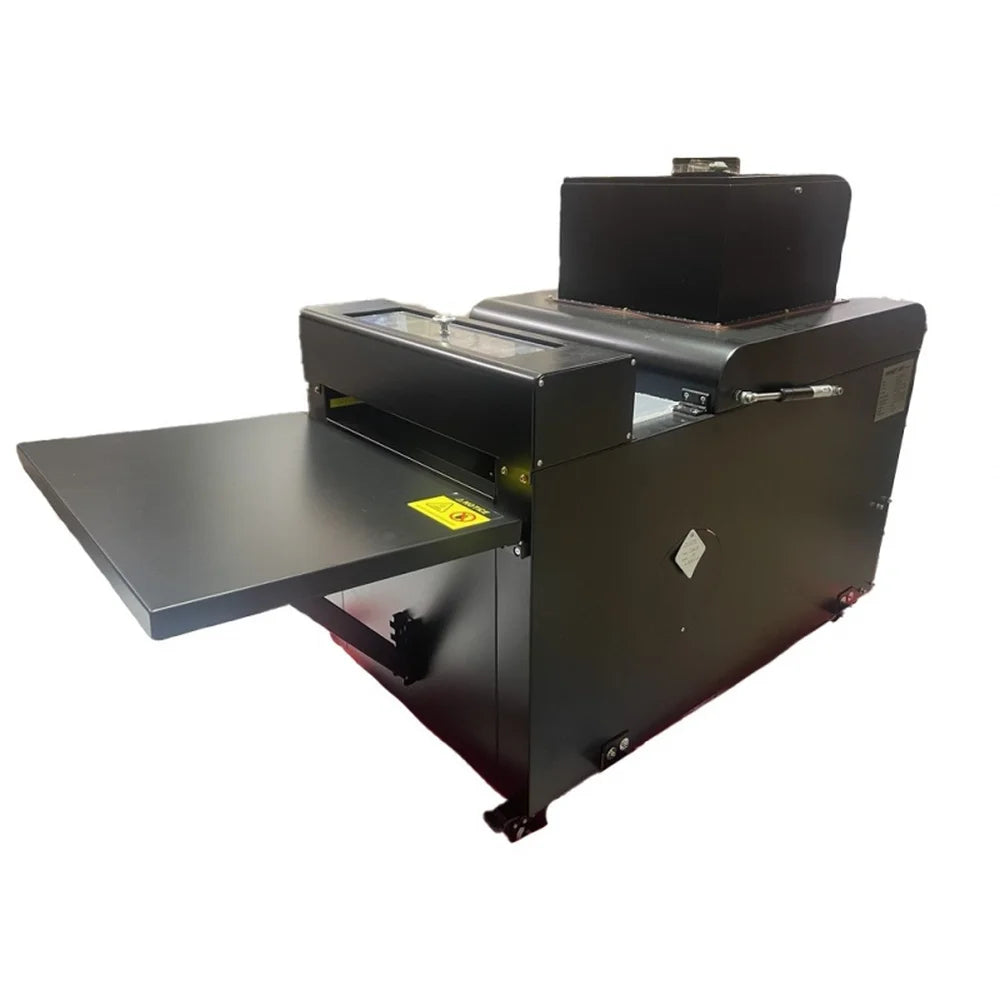 Angled view of the black UNINET 14 in Auto DTF Powder Shaker Oven Purifier 120v with feed tray, casters and top purifier
