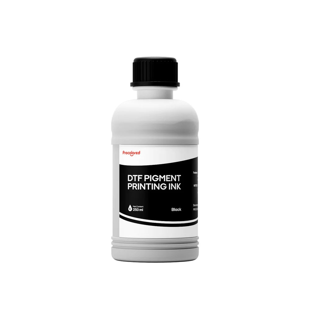 Black ink bottle with a black cap and 250 ml label for Procolored DTF Printing Ink