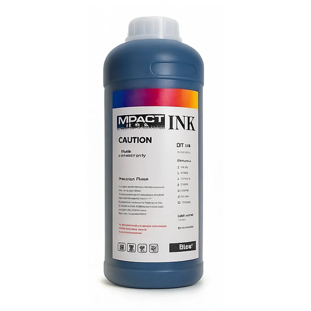 Front bottle view of Black Impact Prime DTF CMYK-W Ink 1kg with white cap and black color label