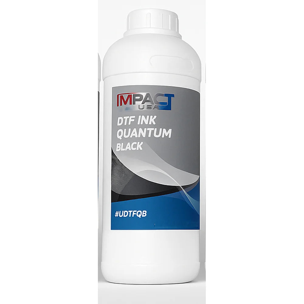 Black Impact Quantum DTF CMYK Ink 1kg bottle in a straight-on studio view with dark label waves