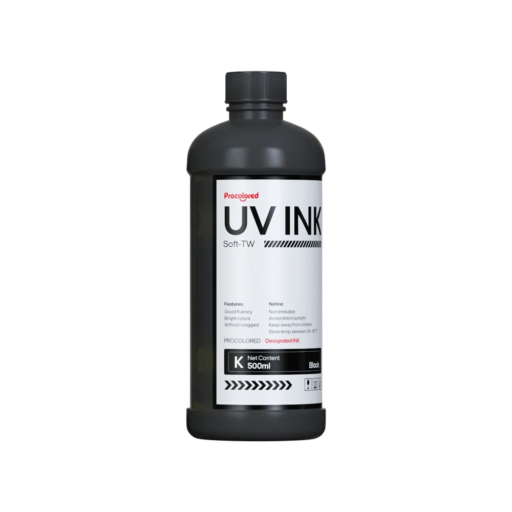 Black ink bottle with white label showing Procolored UV DTF Ink for Printer 500ml in a 500ml size