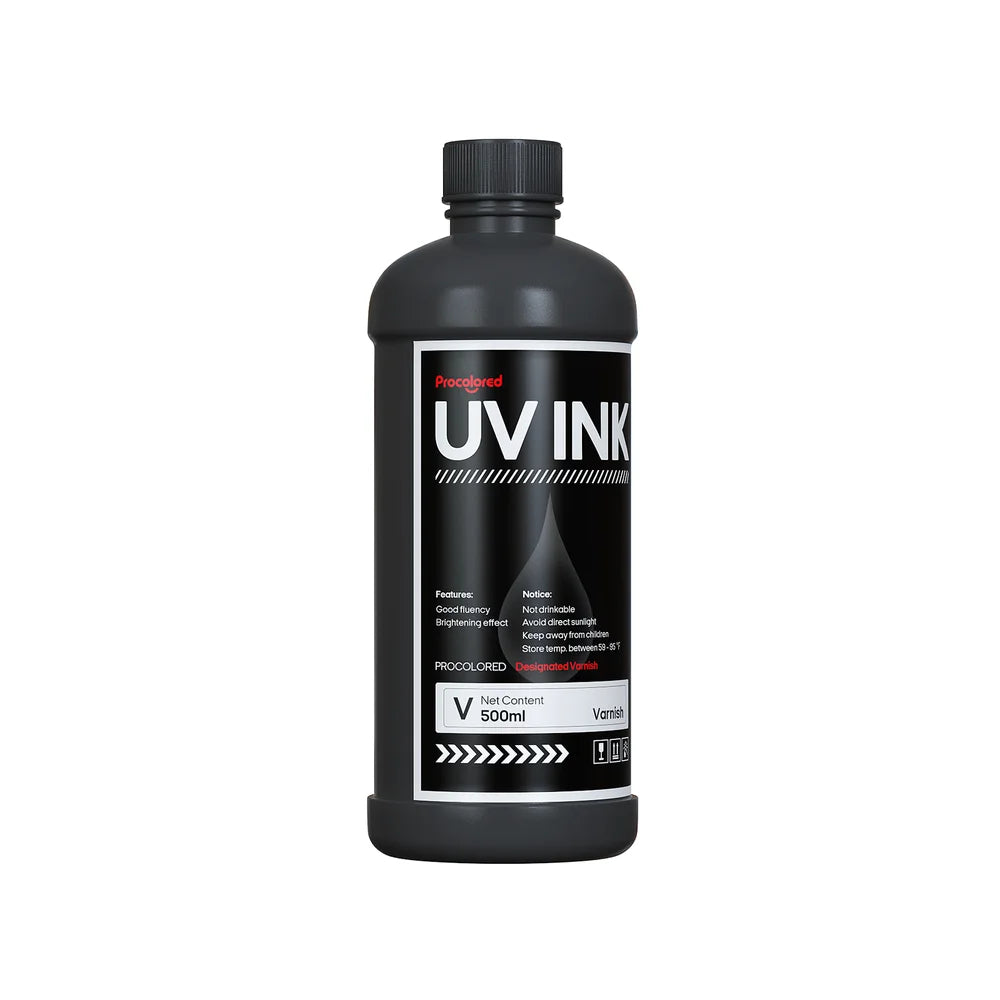 Front-facing black bottle of Procolored UV Varnish Ink 500ml with ribbed cap and monochrome label