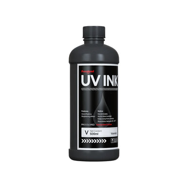 Front-facing black bottle of Procolored UV Varnish Ink 500ml with ribbed cap and monochrome label
