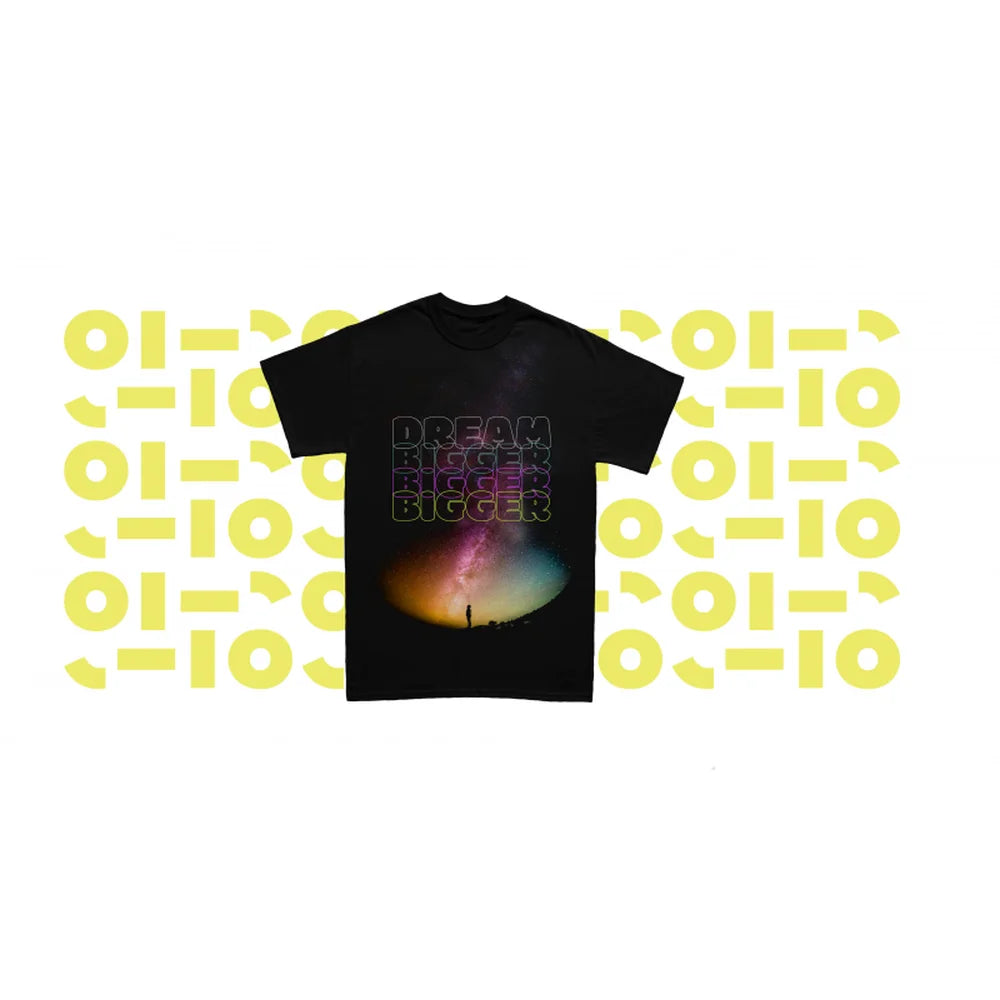 Black graphic T-shirt with a galaxy print and Dream Bigger lettering, produced using the IColor 650