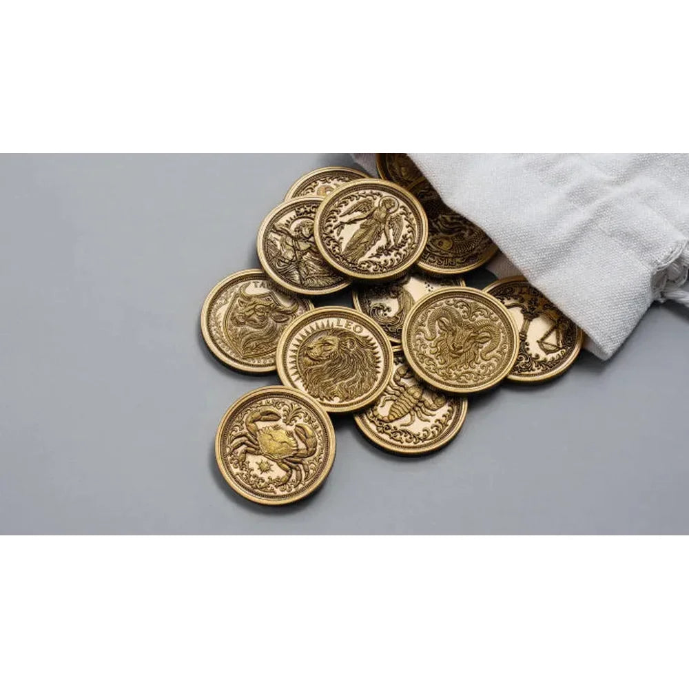 Deeply engraved brass zodiac coins produced with xTool F2 Ultra Color Engraving methods