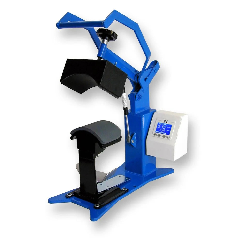 Geo knight cap press shown open with curved black platen, lower cap form and white digital control reading 375 degrees