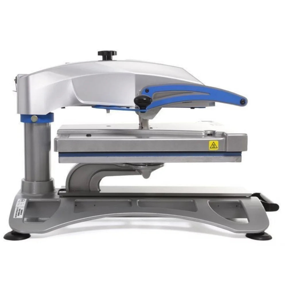 Closed side view of the hotronix Fusion IQ heat press showing its blue handle and cast-aluminum frame
