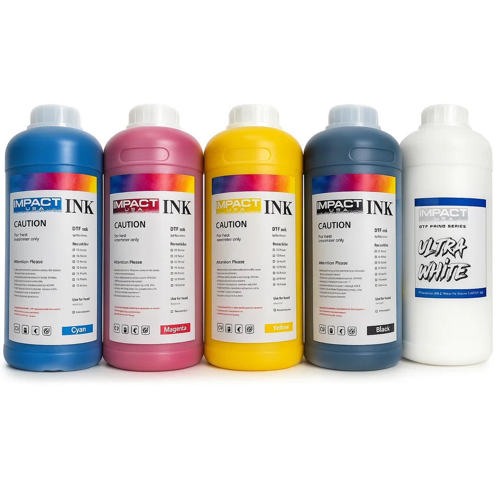 Impact CMYK ink lineup with Inkjet Parts DTF White Ink 1kg Ultra White bottle on the right