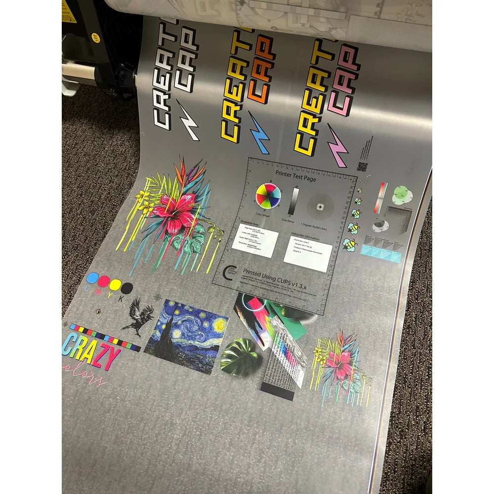 Printer output using Impact Quantum CMYKW DTF Ink 1kg with CMYK swatches, artwork, and test charts