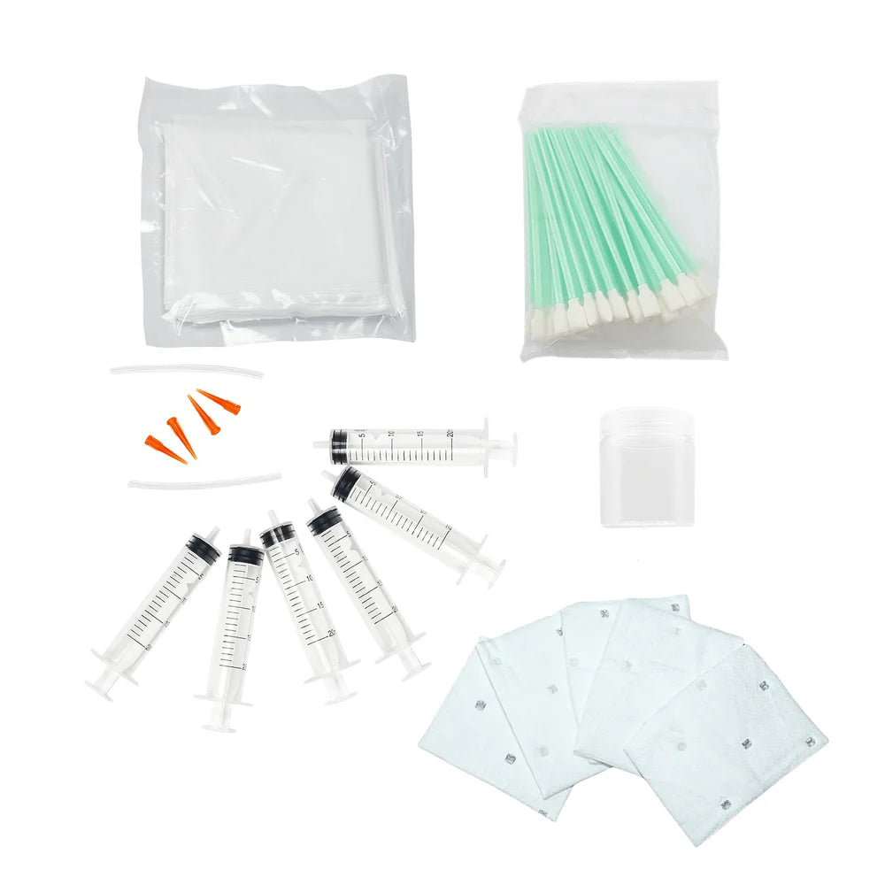 Procolored Printer Cleaning Kit with six syringes, ten swabs, four tips, paper, bottle, and five pads