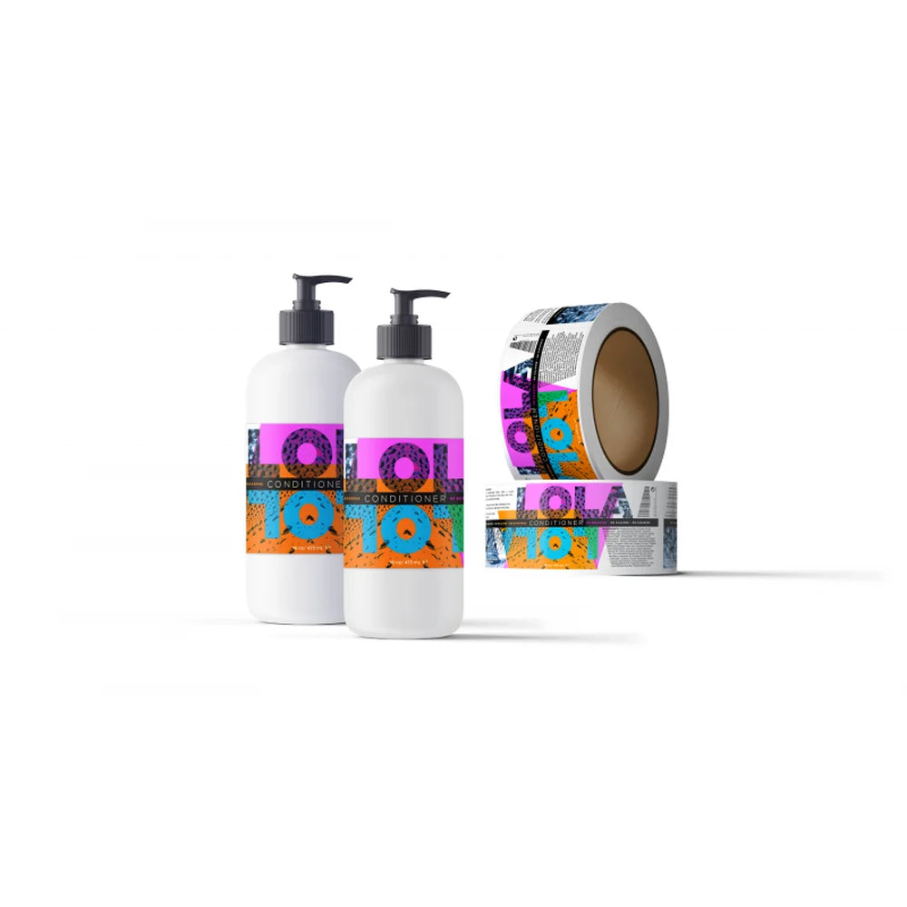 Conditioner bottles and printed wrap labels display colorful output from the UNINET Label Printer