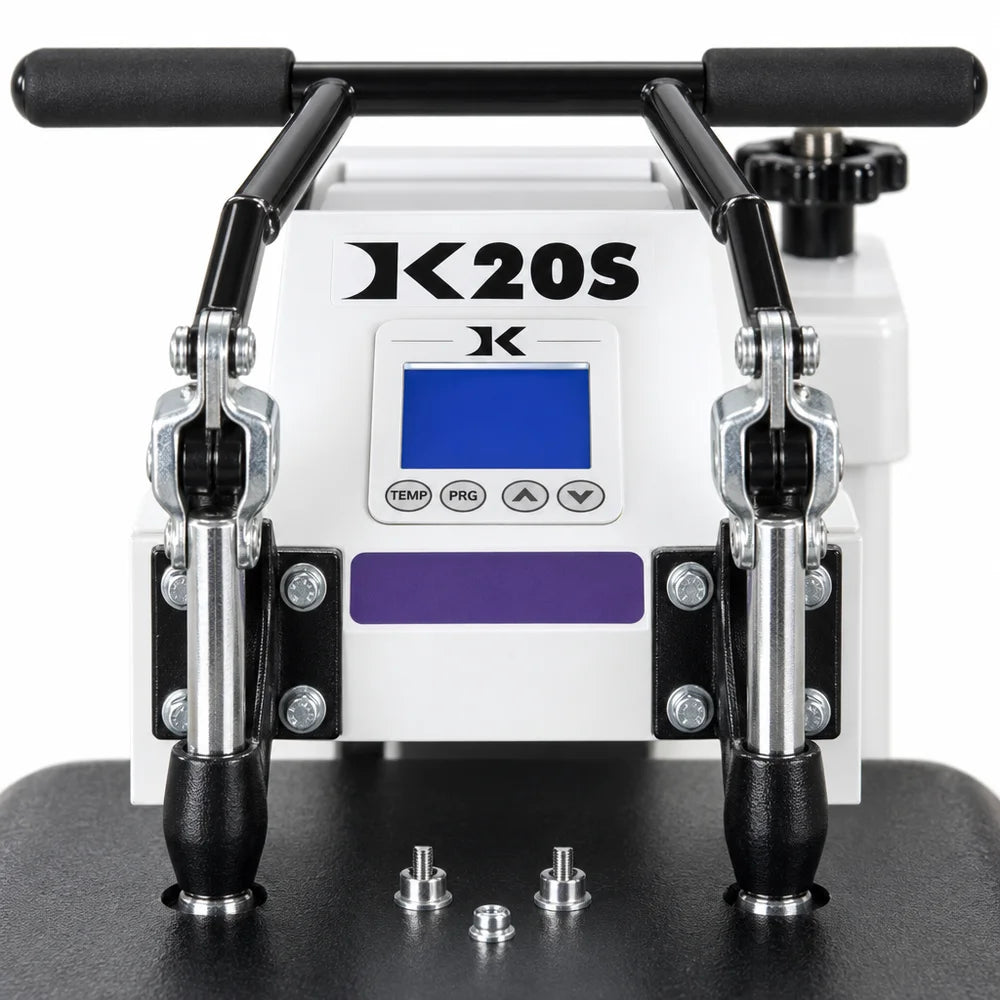 Blue LCD screen and TEMP, PRG and arrow keys on the Geo Knight DK20S Swing Away Heat Press digital controller