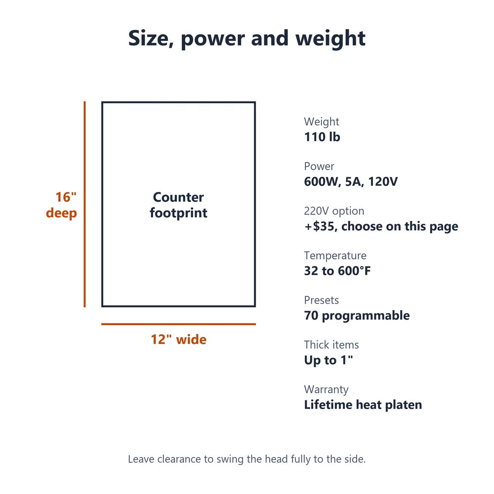 Footprint of 16 by 12 inches, 110 lb weight and 600W power listed for the Geo Knight DC8 Label Heat Press Machine