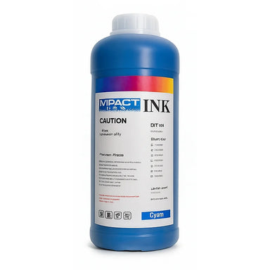 Cyan bottle of Impact Prime 1kg DTF CMYK-W Ink shown upright against a white studio background