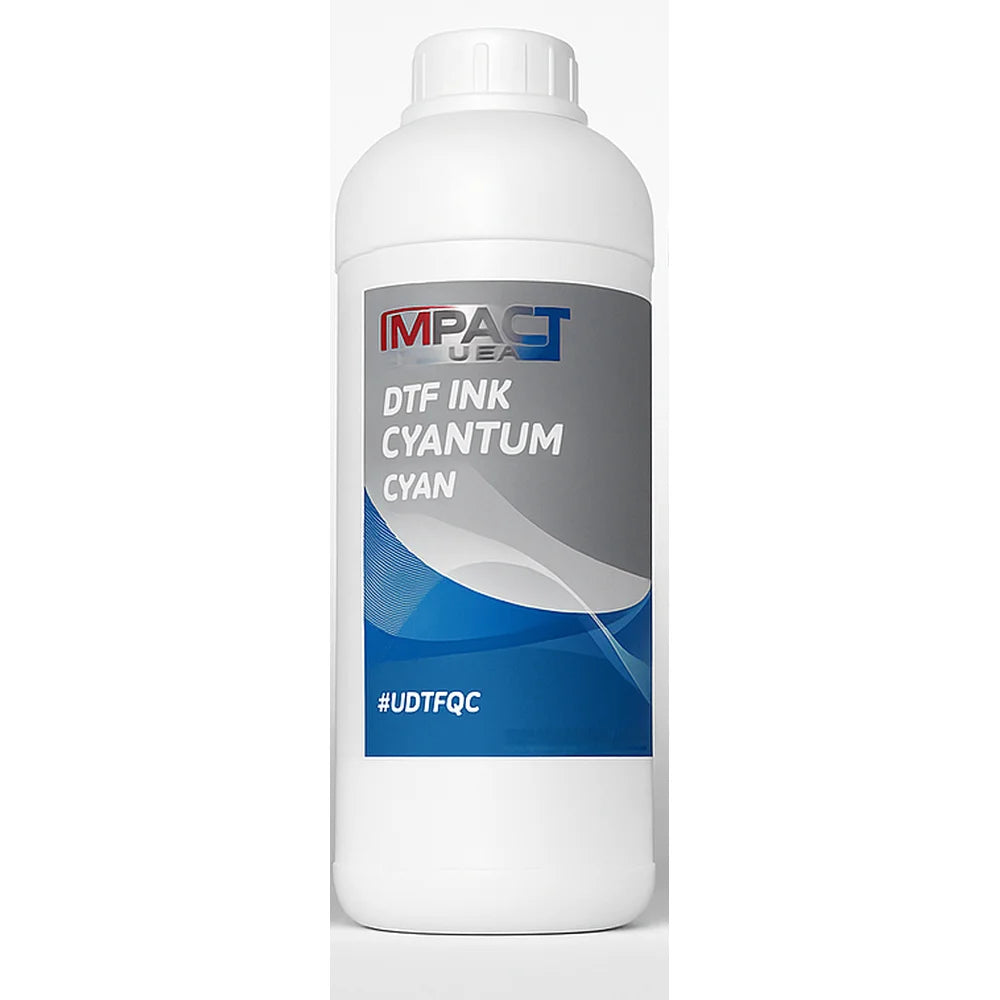 Front view of the cyan Impact Quantum CMYKW DTF Ink 1kg bottle with blue label graphics