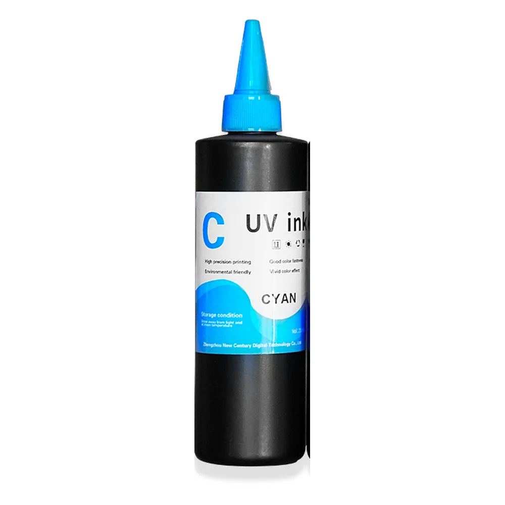 Cyan bottle of Impact 250ml UV Ink for Hard Substrates with blue cap and matching front color panel