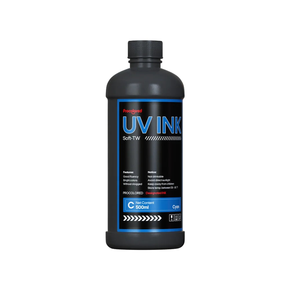 Cyan ink bottle with blue label trim showing Procolored 500ml UV DTF Printer Ink from the front