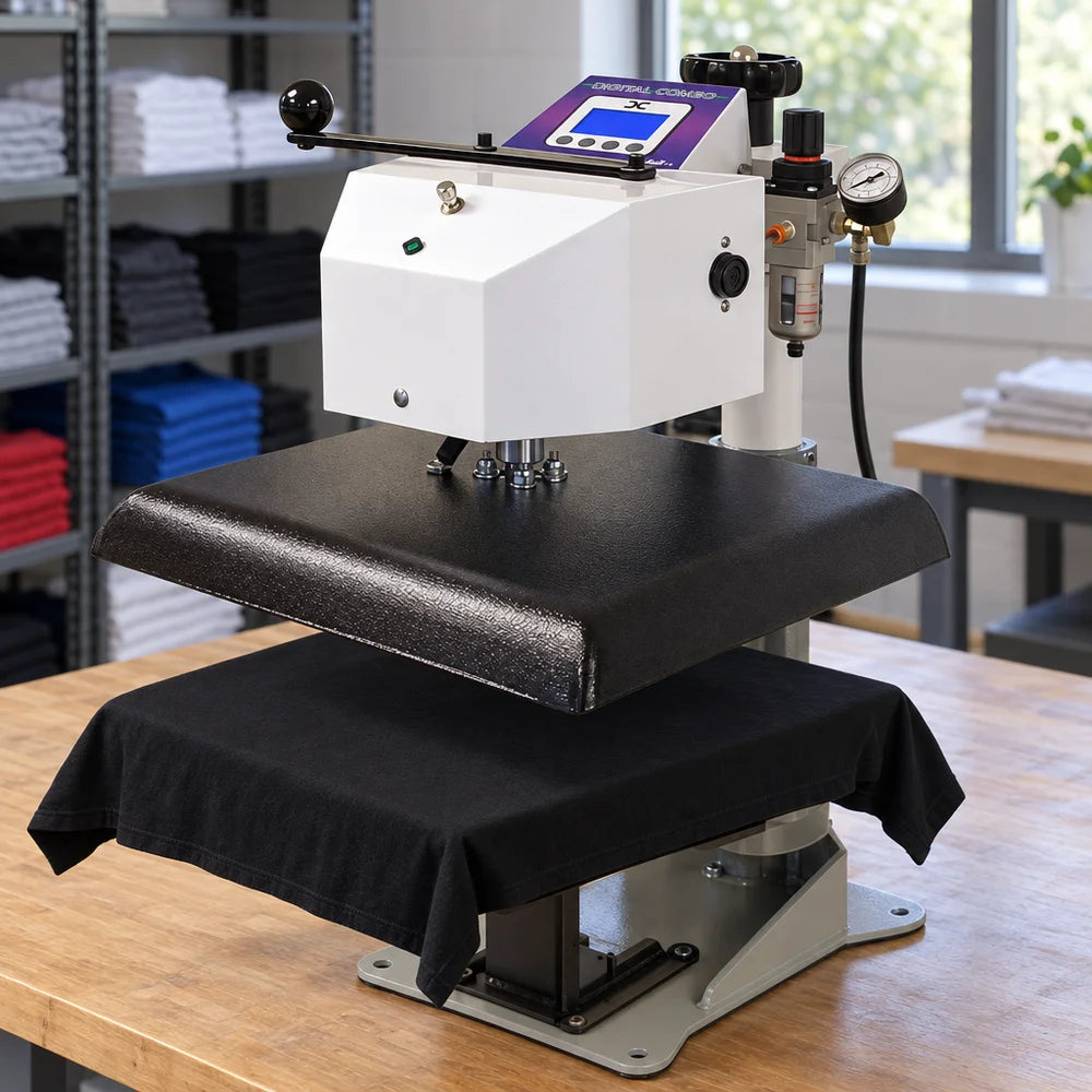 Geo Knight DC16AP Automatic Heat Press Machine with a black shirt on the table in a print shop with stocked shelves