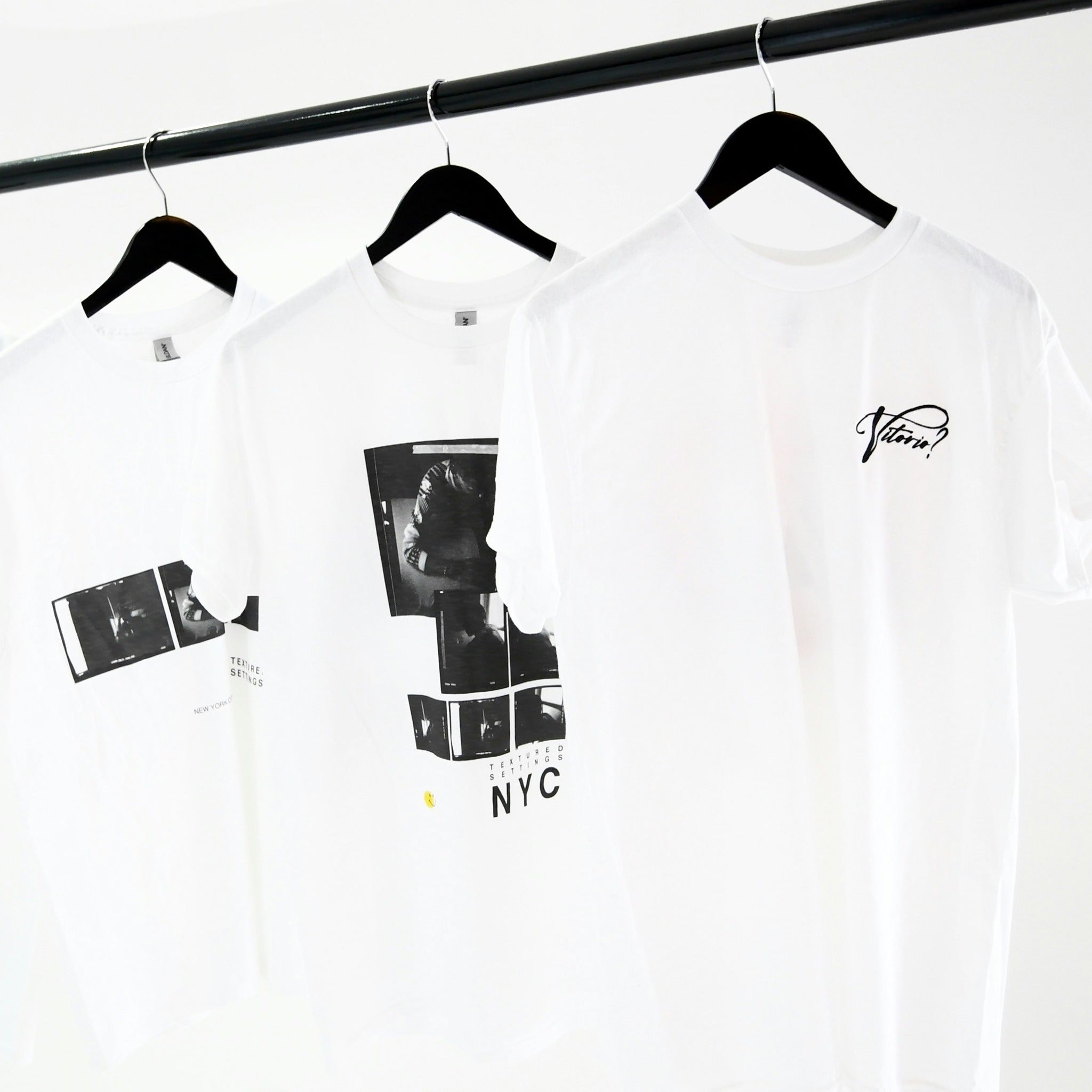 Example output: printed tees with small merch prints