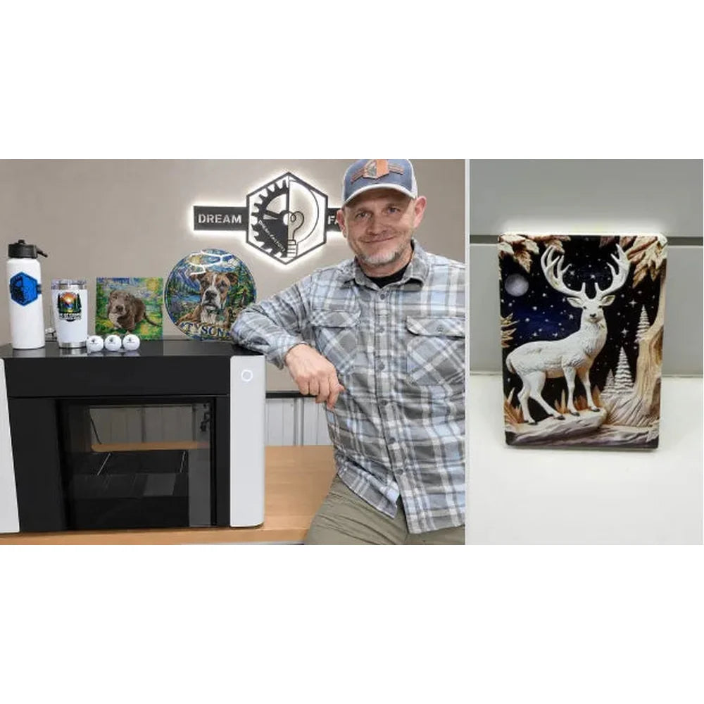 Maker and printed deer artwork beside the xTool O1 Omni UV Printer with decorated project samples