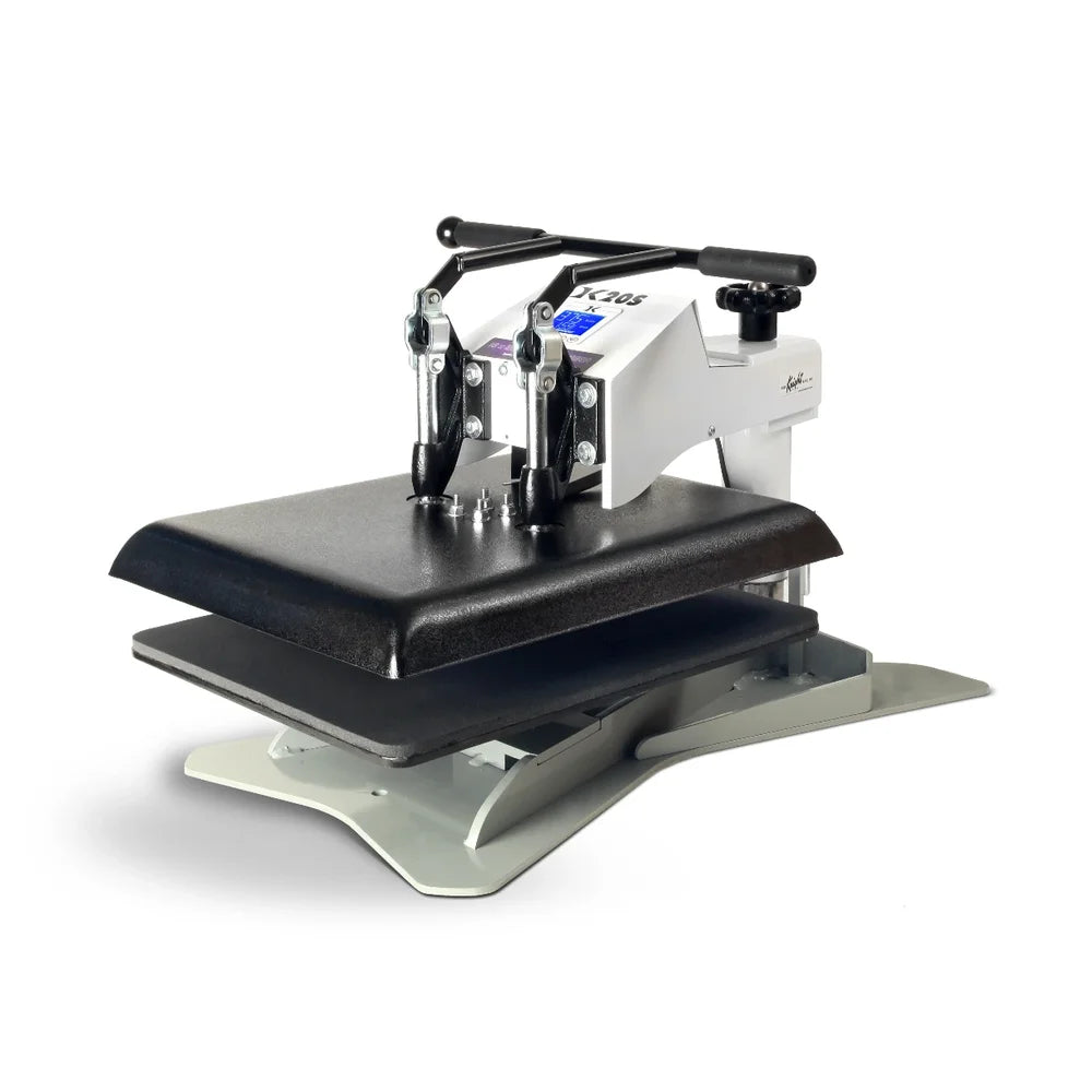 Angled front look at the Geo Knight DK20S Heat Press with its black platen closed and the blue display lit