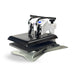 Angled front look at the Geo Knight DK20S Heat Press with its black platen closed and the blue display lit