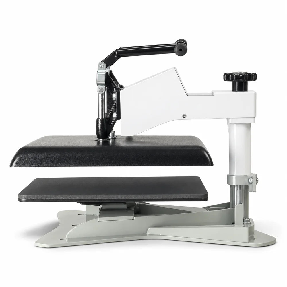 Side profile of the Geo Knight DK20S Digital Swing Away Heat Press with the platen raised above the lower table
