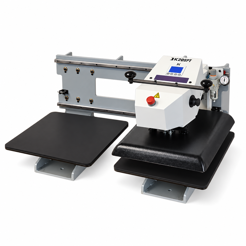 Geo Knight DK20SPT heat press with the head slid over the right table