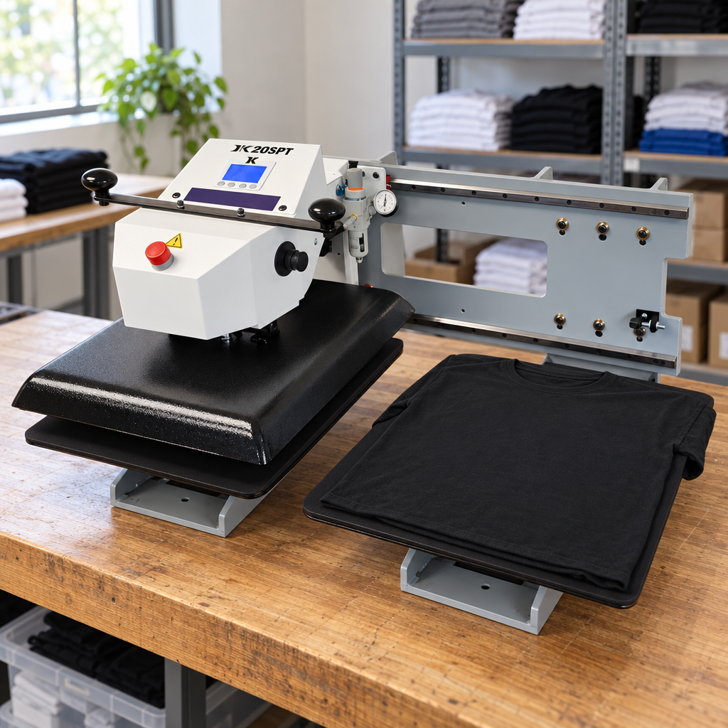 Geo Knight DK20SPT heat press on a workbench with a black tee on the open right table