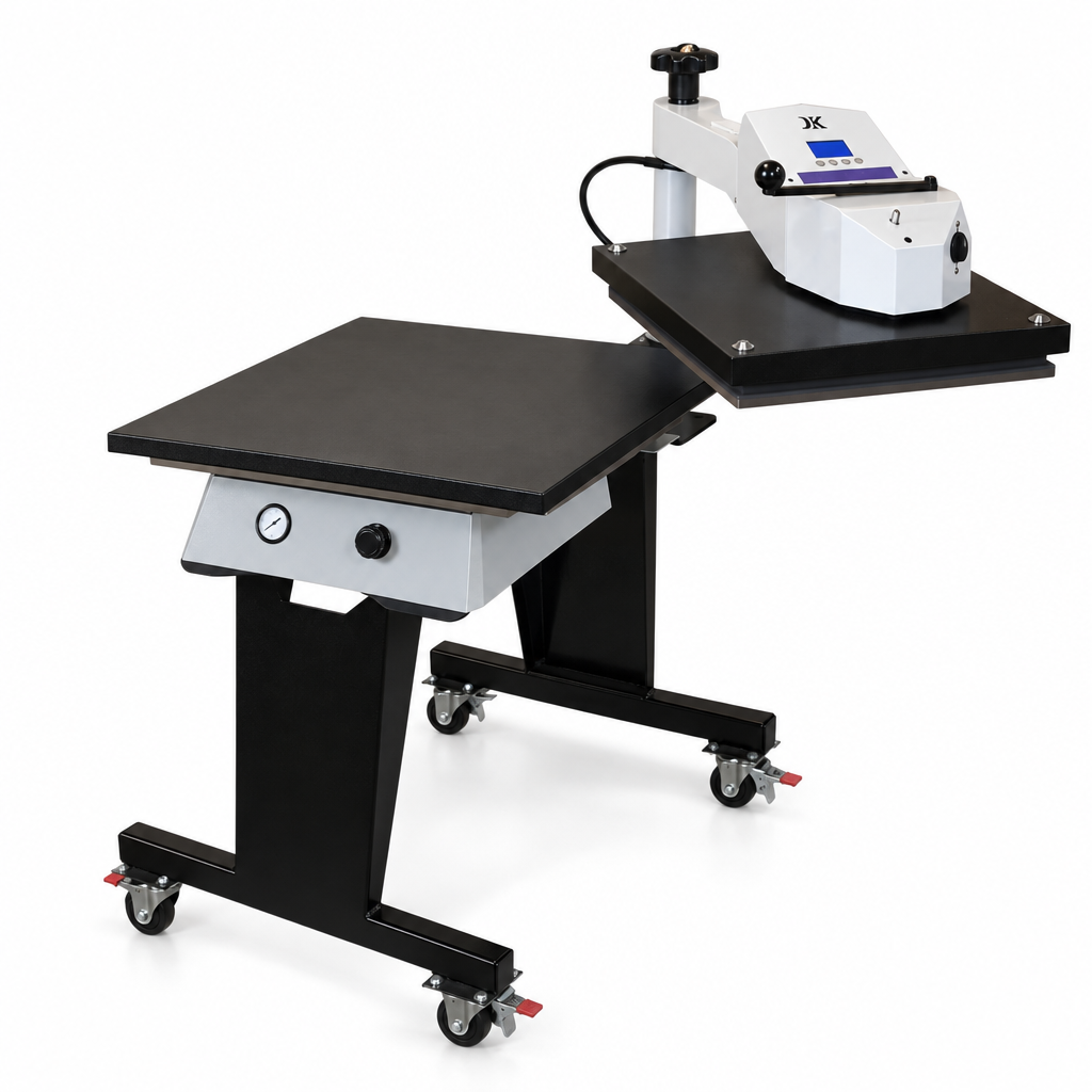 Geo Knight DK25SP heat press with the head swung away from the lower table