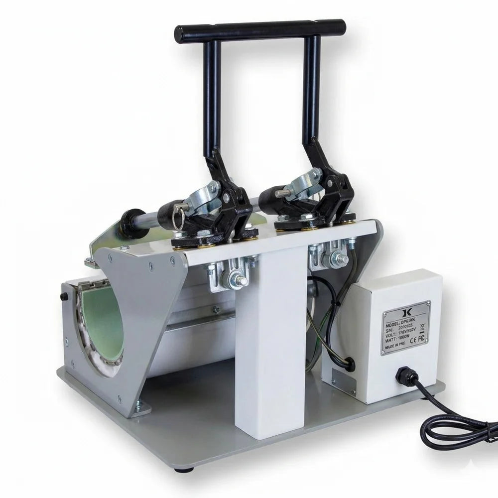 Rear view of the geo knight mug press showing steel frame, open heater band with liner, spec plate and coiled power cable
