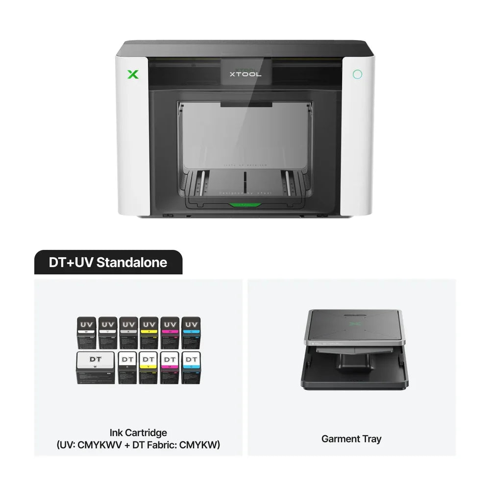 DT+UV Standalone xTool O1 Omni Printer 4-in-1 shown with UV and fabric inks plus garment tray