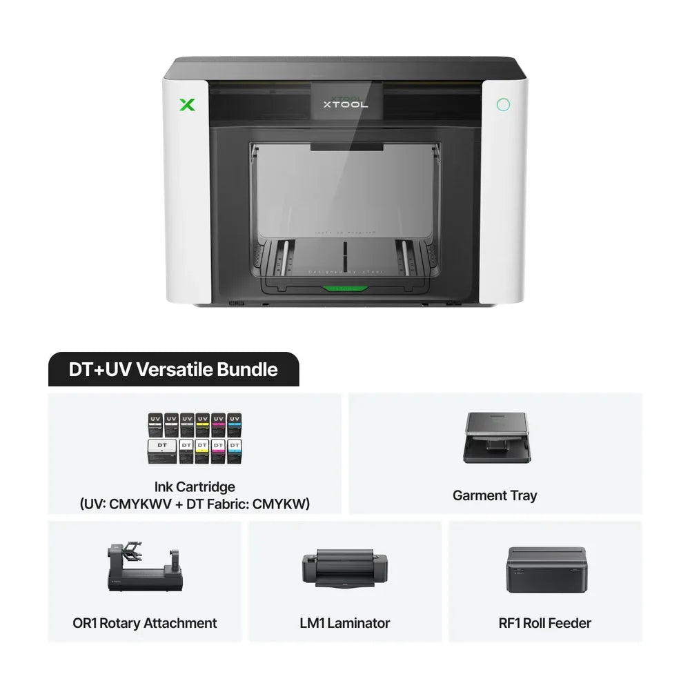 DT+UV Versatile Bundle for the xTool O1 Omni Printer 4-in-1 with OR1, LM1, RF1, inks, and tray