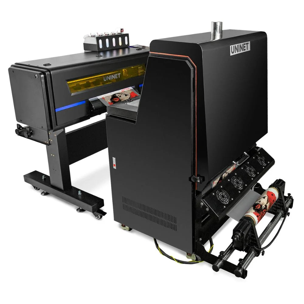 uninet dtf 4300 rear three-quarter view connected to enclosed curing tower with exhaust vent and take-up roll