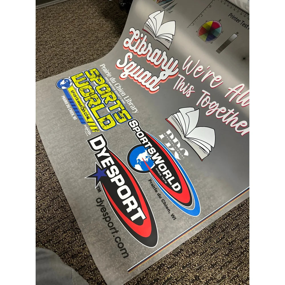 Impact Quantum DTF CMYK-W Ink 1kg print sample with multicolor logos and a printer test chart