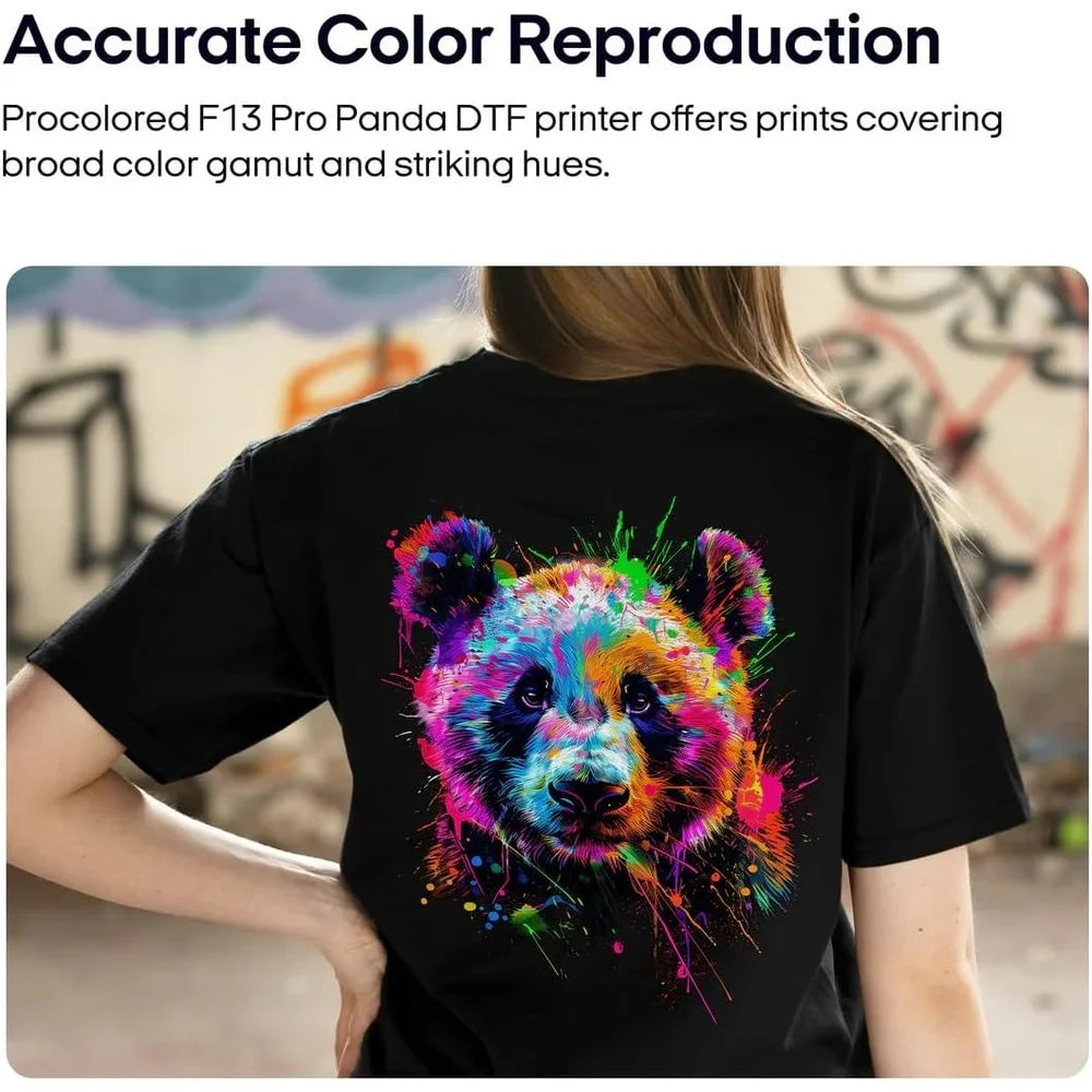 Color reproduction infographic for the procolored f13 pro panda dtf printer 13 a3 dual xp600 showing a vivid panda tee print