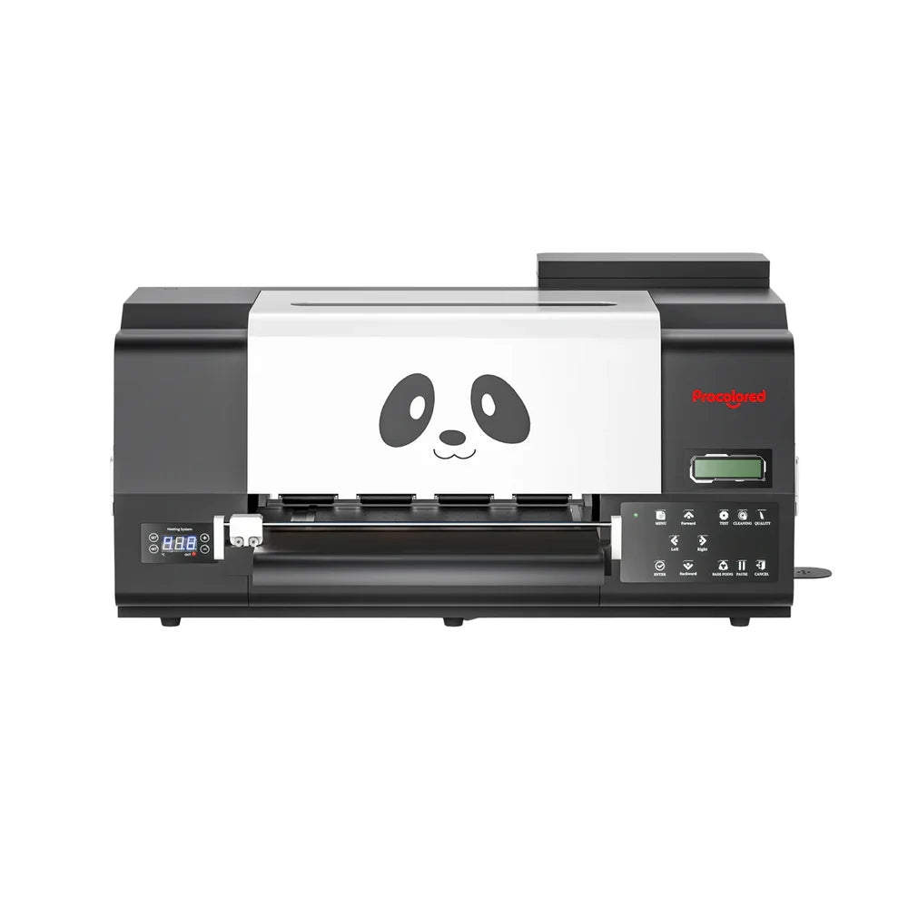 Straight-on front view of the procolored f13 pro panda dtf printer with panda cover, heating display and control buttons