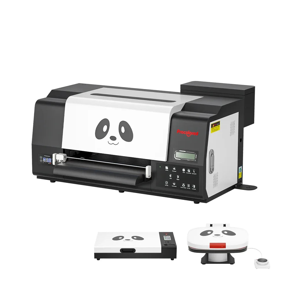 F13 pro printer shown with inset curing oven and round panda heat press accessories on white background