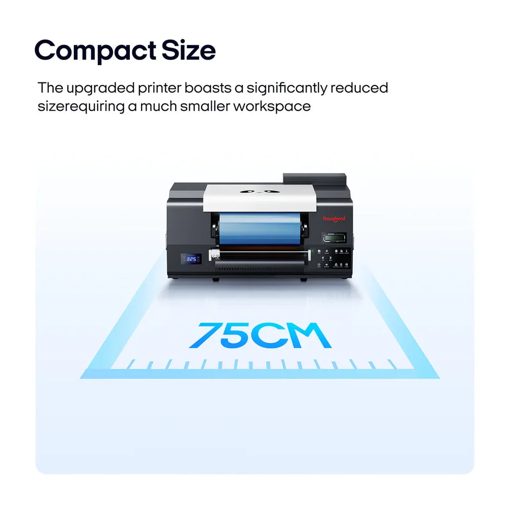 Compact size infographic showing the 75cm footprint of the vf13 pro printer needing a smaller workspace