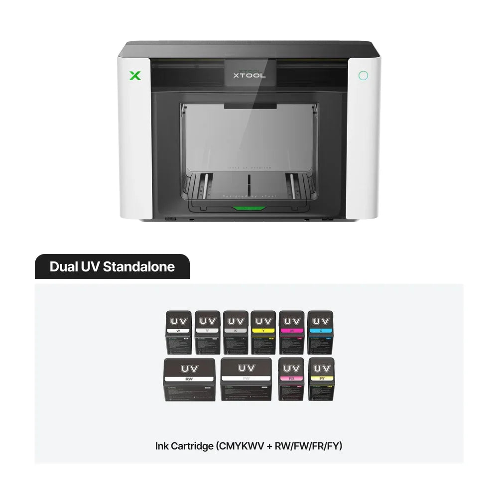 Dual UV Standalone xTool O1 Omni Printer with CMYKWV, white, and fluorescent ink cartridges