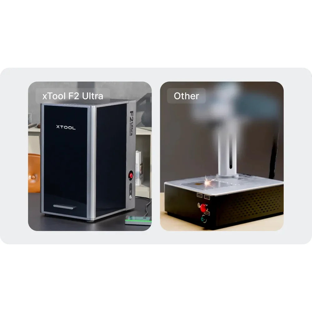 xTool F2 Ultra UV appears beside an exposed fiber marking machine in a safety comparison
