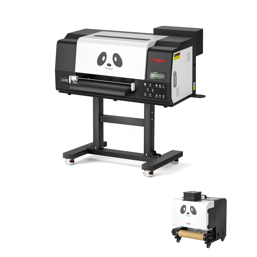 F13 pro printer mounted on a wheeled floor stand with an inset powder shaker accessory on white background
